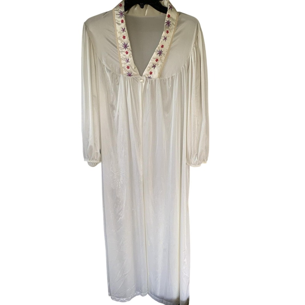 Women's Large Movie Star‎ Vintage White Long Night Gown Button Down Robe Floral
